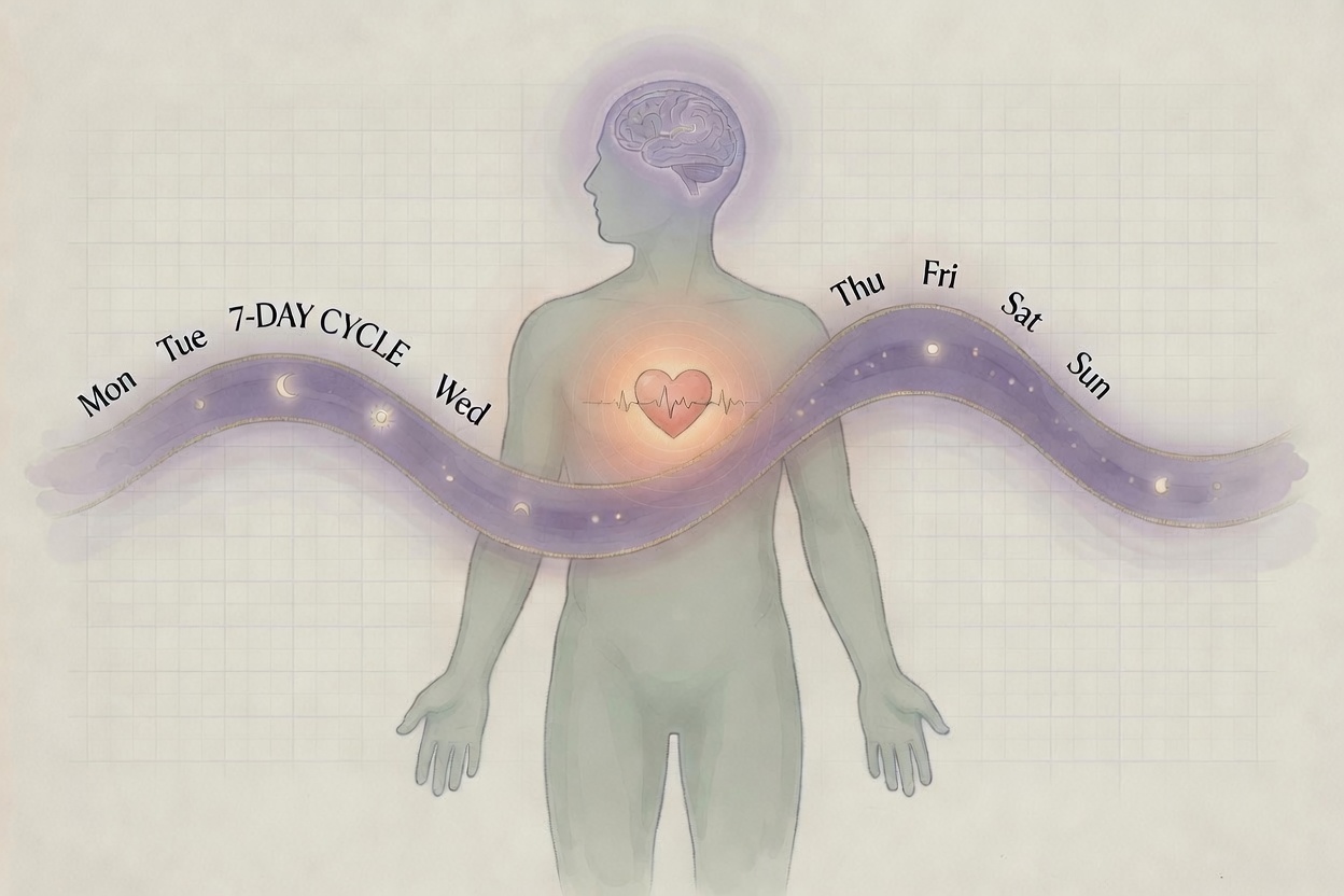 A quiet scientific illustration showing a human body with a soft seven-day wave pulsing through it — heart, brain, and cells glowing in a gentle weekly cycle. Clean, hopeful, and grounded.
