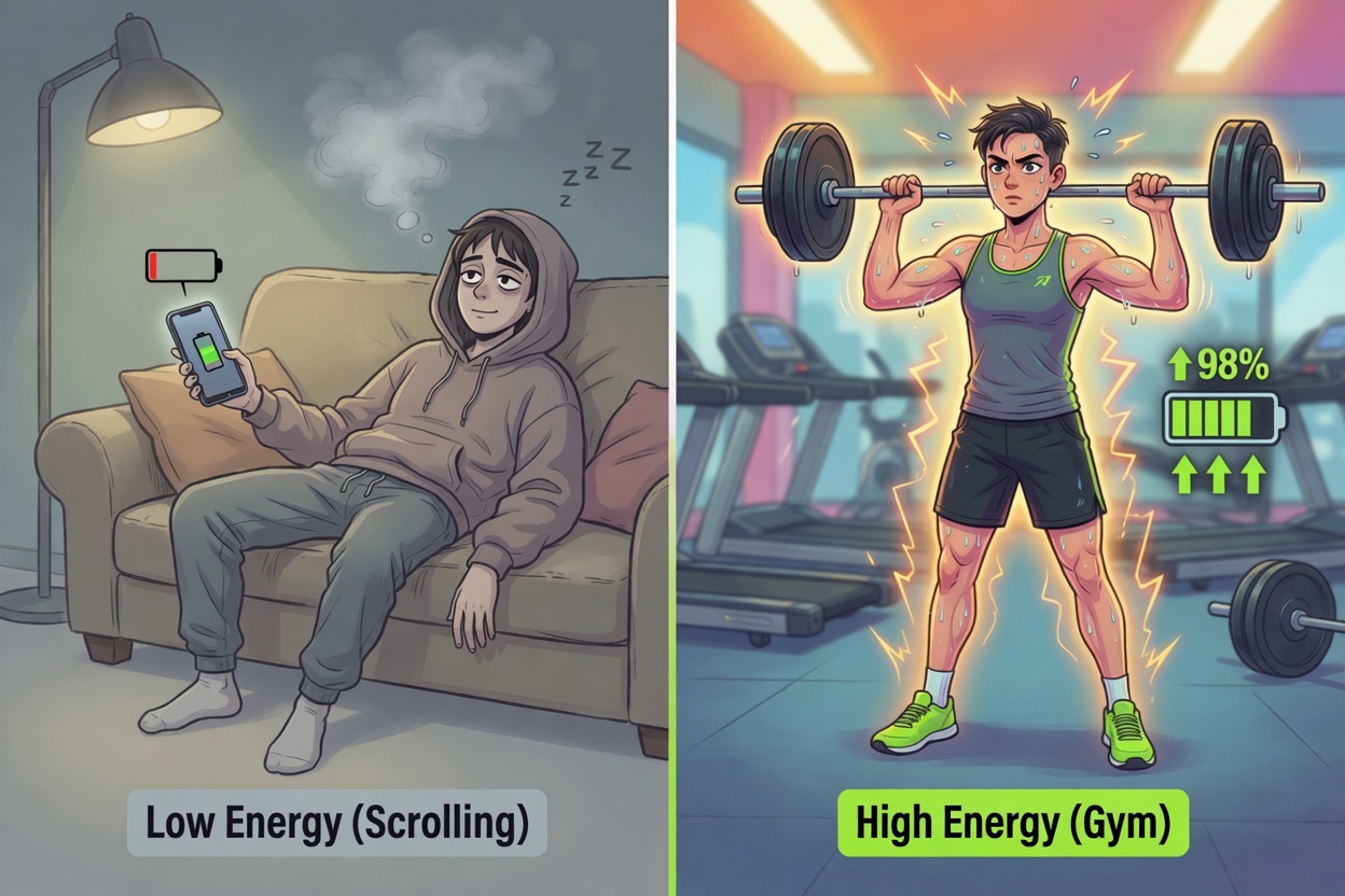 Split image comparing low-energy scrolling on a couch versus high-energy gym workout, clearly showing the difference in energy cost.