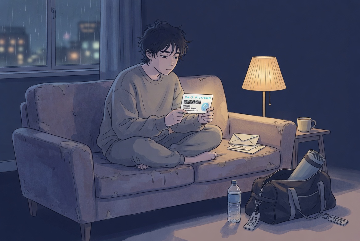 A person sitting on their couch at night, staring at an unused gym membership card and gym bag with a quiet sense of regret. Soft lighting, minimalist and introspective mood.