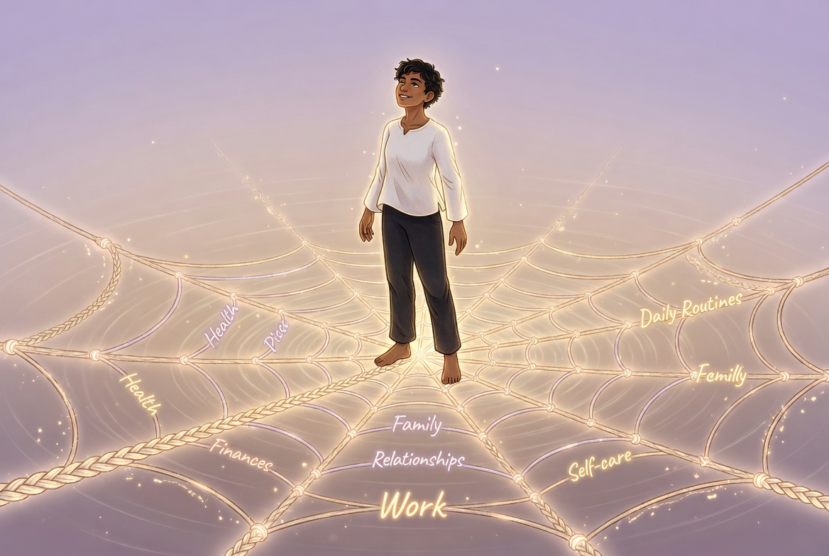 A person standing on an intricate glowing web of threads representing work, family, relationships, and routines that support daily life.