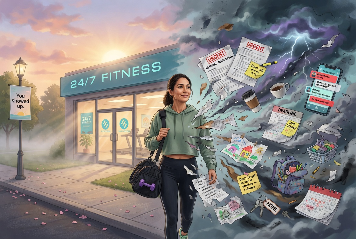 A peaceful scene of someone heading to the gym suddenly disrupted by life changes — work stress, family, and chaos breaking through.