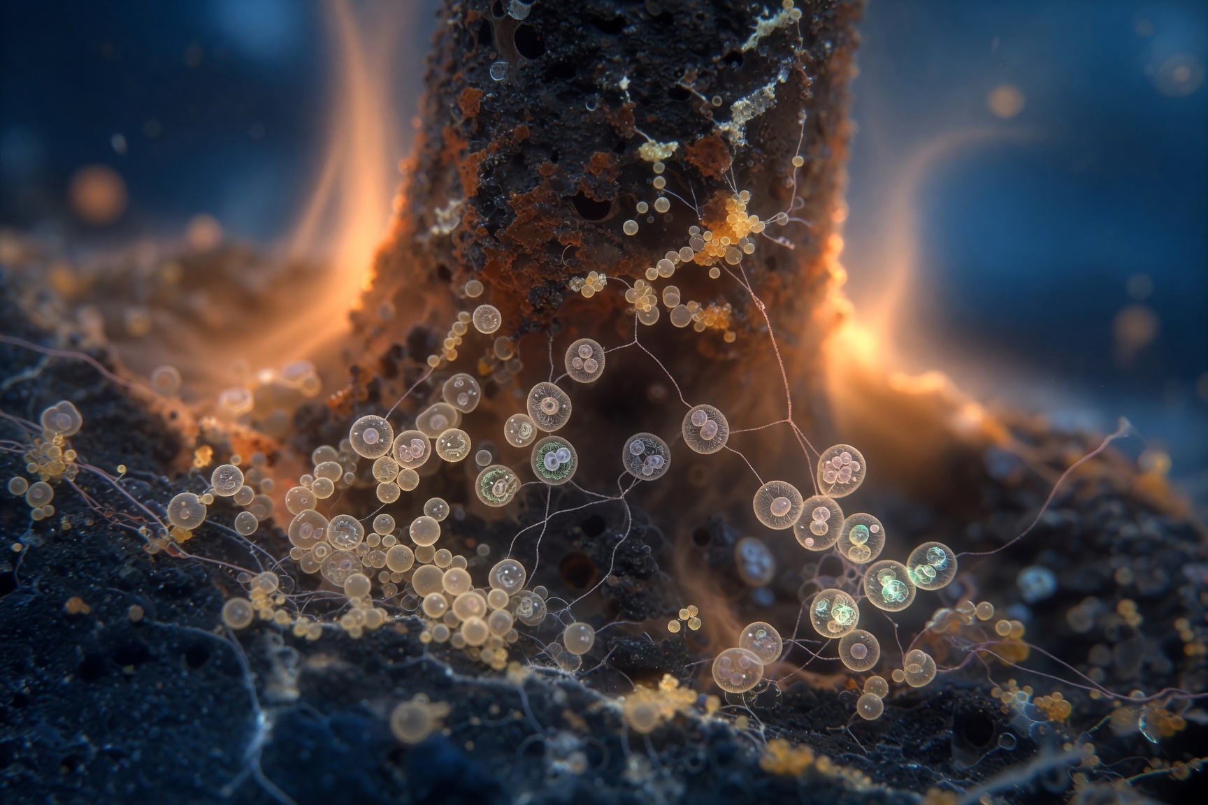Microscopic view of simple single cells accumulating near a hydrothermal vent on the ancient ocean floor. Some cells beginning to show internal organization and cooperation. Warm orange and deep blue tones, scientific but beautiful, macro photography style with ethereal lighting.