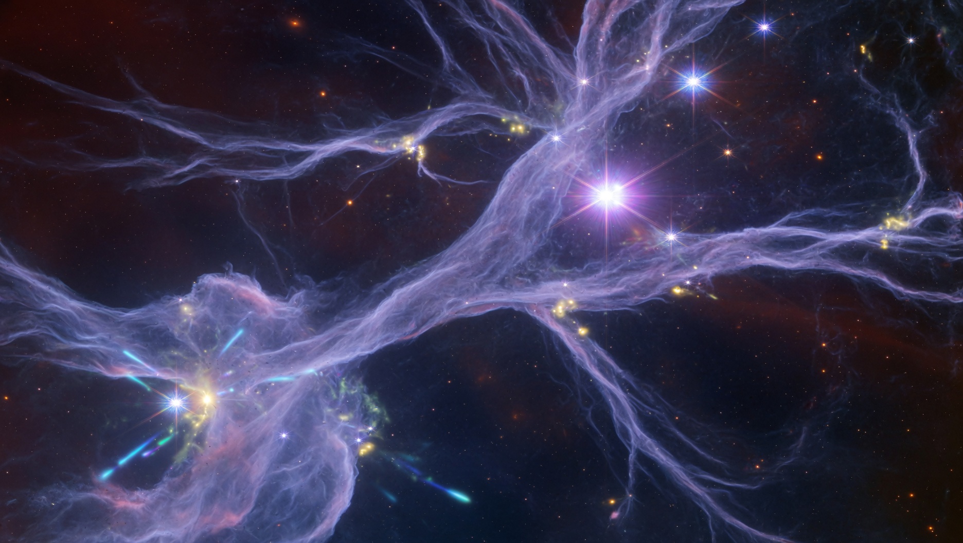 A breathtaking view of the early universe transitioning into the first stars. Hydrogen clouds condensing into brilliant young stars against a dark cosmic background, with subtle glowing filaments showing accumulation and threshold crossing. Cinematic, scientific, awe-inspiring, high detail.