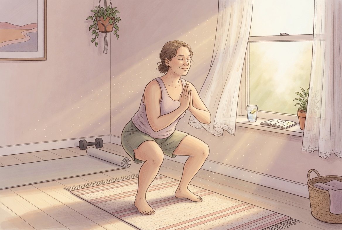 A calm person doing a single gentle workout in soft morning light, representing starting small and sustainable.