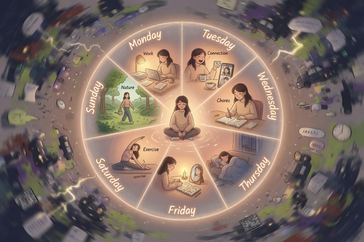 A glowing seven-day circle surrounding a person, acting like a protective shell. Inside the circle: work, rest, connection, and reflection. Outside: chaos and blur. Warm and reassuring visual.