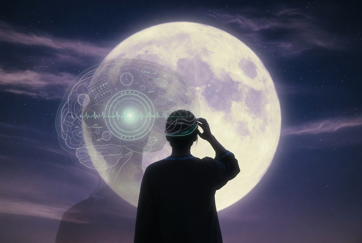 A person standing between a glowing full moon in the night sky and their own chest, where a soft weekly pulse of light is visible. The contrast between the sky and the internal rhythm is clear and poetic.